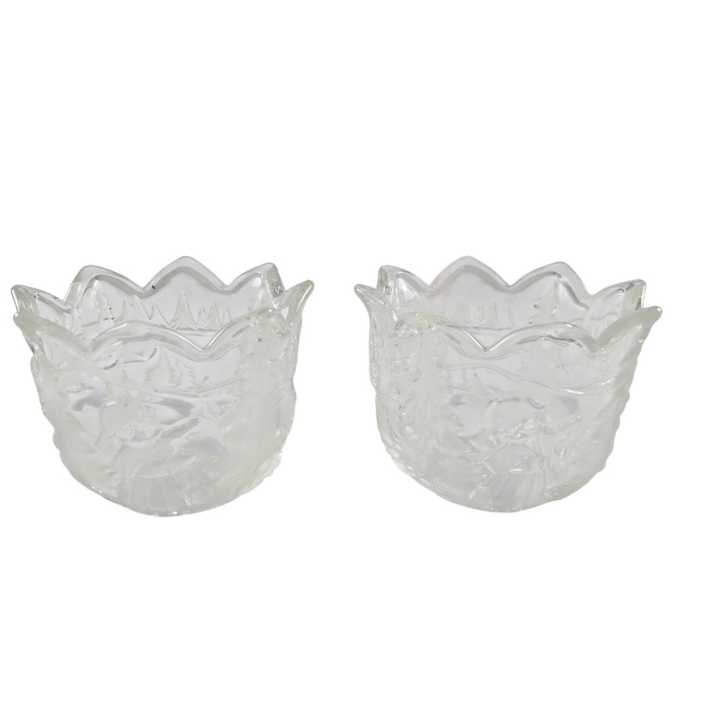 Pair Clear Glass Winter Scene Votive Candle Holders Pine Trees Christmas Decor